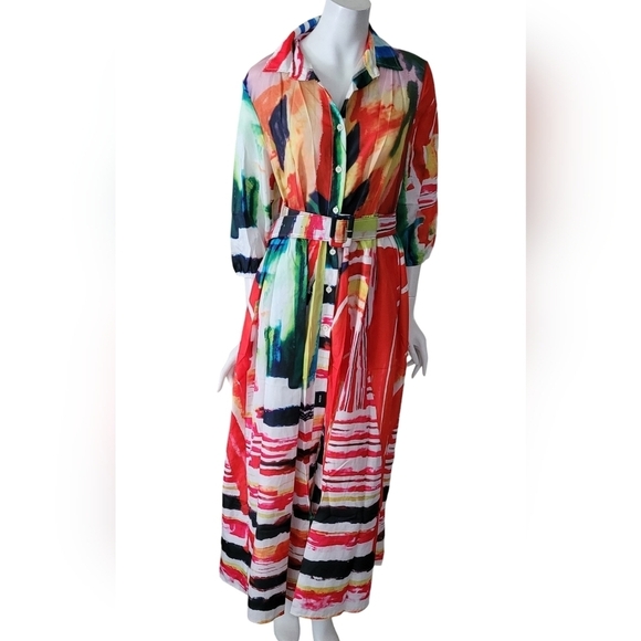 Boutique Colorful Printed 3/4 Sleeve Party Shirt Dress Stand Collar Belt Long - Picture 7 of 12